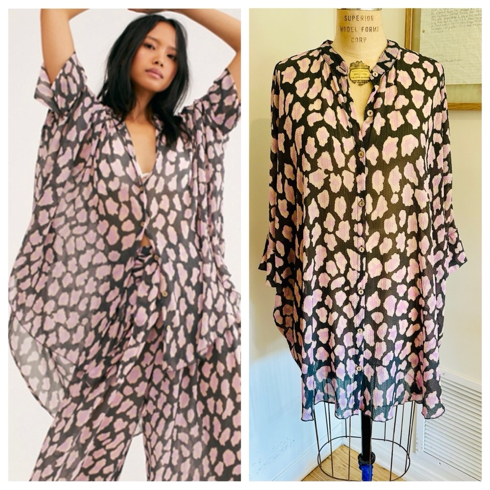 Free People “Wake Up” Flowy Tunic Top Cover-Up Animal Print, in Charcoal, Med